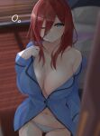  1girl bed blue_eyes blue_shirt breasts brown_hair go-toubun_no_hanayome indoors large_breasts long_hair long_hair_between_eyes long_sleeves looking_at_viewer micosiva nakano_miku navel off_shoulder one_eye_closed panties parted_lips partially_unbuttoned shirt single_bare_shoulder sleepy solo striped_clothes striped_panties underwear waking_up 