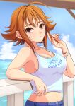  1girl against_fence ahoge arm_rest bare_shoulders blue_sky breasts brown_eyes brown_hair cleavage closed_mouth collarbone day dolphin_print fence flipped_hair hand_in_own_hair higeyagi highres horizon idolmaster idolmaster_cinderella_girls idolmaster_cinderella_girls_starlight_stage index_finger_raised large_breasts looking_at_viewer midriff_peek multiple_bracelets navel nishijima_kai ocean outdoors print_shirt shirt short_hair sky sleeveless sleeveless_shirt solo upper_body white_shirt 