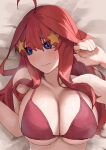  1girl ahoge amog averting_eyes bed bikini blue_eyes blush breasts cleavage collarbone embarrassed go-toubun_no_hanayome hair_ornament hands_up highres large_breasts long_hair looking_to_the_side lying nakano_itsuki on_back on_bed red_bikini red_hair revision solo star_(symbol) star_hair_ornament swimsuit upper_body 