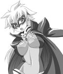  bad_id bad_pixiv_id bodysuit breasts cape covered_nipples earrings greyscale jewelry large_breasts long_hair mask monochrome my-otome nori_(akusei_shinseibutsu) open_mouth sara_gallagher solo 