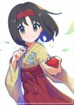  1girl artist_name black_hair closed_mouth erika_(pokemon) grey_eyes hairband hakama hakama_skirt hand_up highres holding holding_poke_ball japanese_clothes kimono long_sleeves omochi_(omotimotittona3) parted_bangs poke_ball poke_ball_(basic) pokemon pokemon_frlg red_hairband red_hakama short_hair skirt smile solo split_mouth wide_sleeves yellow_kimono 