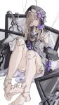  1girl absurdres barefoot beret blush brown_hair chain choker closed_mouth coat doll_joints dress feet flower hair_flower hair_intakes hair_ornament hat head_tilt herta_(honkai:_star_rail) highres honkai:_star_rail honkai_(series) joints key key_choker light_blush lock long_hair looking_at_viewer off-shoulder_dress off_shoulder picture_frame puppet puppet_strings purple_choker purple_dress purple_eyes purple_flower ren_(renjiyu) sitting sleeves_past_fingers sleeves_past_wrists solo solo_focus white_background 
