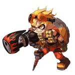  1boy blonde_hair commentary_request cosplay dirty dirty_face goggles goggles_on_head highres ikki_(gsl_9708) inkling inkling_boy inkling_player_character junkrat_(overwatch) junkrat_(overwatch)_(cosplay) korean_commentary looking_ahead male_focus mechanical_legs orange_pants pants range_blaster_(splatoon) short_hair simple_background single_mechanical_leg smile splatoon_(series) splatoon_3 teeth tentacle_hair white_background yellow_eyes 