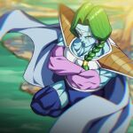  1boy blue_skin blue_thighhighs blurry blurry_background braid braided_ponytail cape closed_mouth colored_skin commentary crossed_arms dragon_ball dragon_ball_z earrings green_hair jewelry looking_at_viewer male_focus muscular muscular_male namek rom_(20) smile thighhighs white_cape yellow_eyes zarbon 