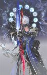  2boys armor aymeric_de_borel black_background black_hair blood blood_on_face blue_eyes blue_robe cowboy_shot dragoon_(final_fantasy) elezen elf estinien_varlineau final_fantasy final_fantasy_xiv from_side full_moon highres holding holding_polearm holding_sword holding_weapon lance male_focus medium_hair moon multiple_boys parted_lips pauldrons pointy_ears polearm robe rongli_(hxl1014) short_hair shoulder_armor standing sword weapon white_hair 
