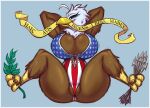  accipitrid accipitriform american_flag anthro arrow_(weapon) avian bald_eagle beak big_breasts bird blue_background blue_eyes breasts brown_body brown_feathers clothing eagle feathers feet female great_seal_of_the_united_states hands_behind_head huge_breasts joelasko latin_text motto non-mammal_breasts object_in_mouth olive_branch one-piece_swimsuit parody ranged_weapon sea_eagle simple_background solo spread_legs spreading swimwear talons text thick_thighs toes united_states_of_america weapon white_body white_feathers yellow_beak 
