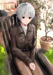  1boy absurdres belt black_belt black_eyes blush brown_jacket brown_pants chair grass grey_hair hayase_illusut highres jacket long_sleeves looking_at_viewer male_focus pants plant potted_plant short_hair sitting solo sweater totsuka_saika white_sweater yahari_ore_no_seishun_lovecome_wa_machigatteiru. 