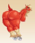  absurd_res anthro areola bent_over big_butt biped blaziken blonde_hair breasts butt clothing eyelashes female footwear fur generation_3_pokemon hair hi_res high_heels huge_butt looking_at_viewer looking_back nintendo nipples pokemon pokemon_(species) pupils red_body revifrry smile solo 