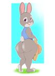  2022 3_toes anthro big_butt bonnie_hopps bottomless butt cellulite clothed clothing digital_media_(artwork) disney feet female fur grey_body grey_fur hi_res lagomorph leporid looking_back mammal mature_anthro mature_female open_mouth pear-shaped_figure rabbit shirt short short_female slightly_chubby smile solo thick_thighs third-party_edit toes topwear underbutt usnarbit wide_hips zootopia 