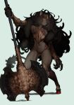  1girl absurdres axe battle_axe big_hair black_hair black_skin blue_background claws closed_mouth colored_skin commentary_request ekrea_jan full_body highres holding holding_axe long_hair monster_girl navel orange_eyes original simple_background solo standing tail weapon 