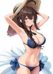  1girl ahoge armpits bikini blue_bikini blue_eyes braid breasts brown_hair cleavage commentary_request hair_between_eyes hair_flaps hair_ornament hair_over_shoulder hairpin hands_on_headwear hat highres ichikawa_feesu kantai_collection large_breasts long_hair navel official_alternate_costume parted_lips shigure_(kancolle) shigure_kai_ni_(kancolle) simple_background single_braid smile solo straw_hat swimsuit 