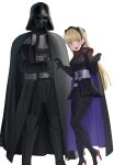  1boy 1girl absurdres am_(star_wars) black_gloves black_hairband blonde_hair blush cape darth_vader gloves hairband high_heels highres in-franchise_crossover jourd4n long_hair looking_at_viewer purple_eyes sith skirt star_wars star_wars:_visions thumbs_up 