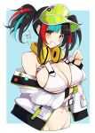  1girl bare_shoulders black_hair blue_hair blush breasts cleavage fate/grand_order fate_(series) green_hat grin hat headphones headphones_around_neck highres jacket kurikara large_breasts long_hair long_sleeves looking_at_viewer multicolored_hair navel off_shoulder red_hair sei_shounagon_(fate) sei_shounagon_(swimsuit_berserker)_(fate) sidelocks smile solo translated twintails visor_cap white_jacket yellow_eyes 