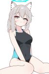  1girl 2sina0 :&lt; animal_ear_fluff animal_ears blue_archive blue_eyes breasts commentary competition_swimsuit expressionless extra_ears grey_hair halo highres medium_breasts medium_hair mismatched_pupils one-piece_swimsuit ponytail shiroko_(blue_archive) shiroko_(swimsuit)_(blue_archive) simple_background solo swimsuit white_background wolf_ears 