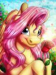  absurd_res blue_eyes equid equine female flower fluttershy_(mlp) friendship_is_magic hair hasbro hi_res lupiarts mammal my_little_pony mythological_creature mythological_equine mythology pegasus pink_hair plant portrait rose_(flower) smile wings yellow_body 