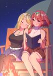  2girls alternate_costume belt black_thighhighs blonde_hair blue_skirt blue_sky bob_cut book breasts brown_shorts cleavage closed_eyes commentary_request commission core_crystal_(xenoblade) fire highres holding holding_book large_breasts multiple_girls mythra_(xenoblade) night night_sky on_chair open_book open_mouth osora_(judithandlilith) outdoors pyra_(xenoblade) red_eyes shorts sitting skeb_commission skirt sky sleeping sleeveless sleeveless_sweater star_(sky) sweater tent thighhighs tiara white_sweater xenoblade_chronicles_(series) xenoblade_chronicles_2 