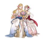  2girls absurdres blonde_hair bouquet braid dress fire_emblem fire_emblem_heroes flower full_body gloves green_eyes hair_flower hair_ornament hanekoto highres long_hair multicolored_hair multiple_girls official_alternate_costume official_art open_mouth pink_hair sharena_(bride)_(fire_emblem) sharena_(fire_emblem) simple_background smile standing veronica_(bride)_(fire_emblem) veronica_(fire_emblem) wedding_dress white_background 