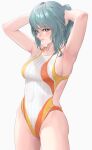  1girl absurdres armpits arms_behind_head arms_up bare_arms bare_shoulders blush breasts commentary_request commission dead_or_alive dead_or_alive_6 dead_or_alive_xtreme grey_hair highleg highleg_swimsuit highres hoki1314 lips long_hair looking_at_viewer medium_breasts one-piece_swimsuit parted_lips ponytail simple_background skeb_commission smile solo swimsuit tamaki_(doa) thighs yellow_eyes 