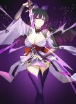  1girl absurdres black_hair blake_belladonna bow breasts cleavage cosplay electricity genshin_impact hair_bow highres holding japanese_clothes kimono large_breasts long_hair looking_at_viewer musou_isshin_(genshin_impact) obi purple_kimono raiden_shogun raiden_shogun_(cosplay) rwby sash solo tl_(xdd) weapon yellow_eyes 