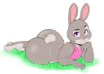  2023 anthro barefoot big_butt bonnie_hopps bottomless bottomwear breasts butt butt_focus clothed clothing countershade_feet countershading digital_media_(artwork) disney eyebrows feet female fur grey_body grey_fur hi_res huge_butt lagomorph leporid looking_at_viewer lying mammal mature_female on_front pants pink_clothing pink_nose pink_shirt pink_topwear purple_eyes rabbit raised_eyebrow scut_tail shirt short_tail small_breasts smile soles solo tail thick_thighs third-party_edit topwear usnarbit zootopia 