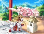  artist_request blonde_hair cherry_blossoms cloud day forest frills hat long_hair nature pine_tree sky solo torii touhou tree umbrella wide_sleeves yakumo_yukari 