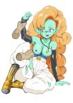  absurd_res alien alien_humanoid areola arm_grab armwear assisted_exposure big_hair blue_eyes bottomwear breasts clothing disembodied_hand dragon_ball dragon_ball_z ear_piercing exposed_breasts eyelashes female footwear green_body green_skin grey_armwear grey_clothing hair hi_res humanoid humanoid_pointy_ears jewelry long_hair necklace nipples onihime_takun open_mouth orange_hair pants piercing purple_areola purple_nipples shoes simple_background sitting solo thick_thighs torn_clothing white_background white_bottomwear white_clothing white_pants wide_hips yellow_clothing yellow_footwear yellow_shoes zangya 
