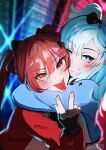  2girls :p black_gloves blue_eyes blue_hair blush earrings fingerless_gloves gloves grin hair_ornament heterochromia highres hololive hololive_indonesia houshou_marine hug iii_(hololive) jewelry kobo_kanaeru long_hair looking_at_viewer minxei multiple_girls red_eyes red_hair smile tongue tongue_out twintails virtual_youtuber yellow_eyes 