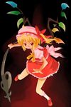  bobby_socks crystal demon_girl demon_wings dress fighting_stance flandre_scarlet holding holding_weapon looking_at_viewer michii_yuuki polearm puffy_short_sleeves puffy_sleeves red_dress short_sleeves socks solo spear touhou weapon white_legwear wings 