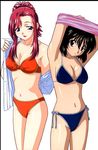  bikini breasts cleavage gouda_hiroaki herikawa_koishi highres kazami_mizuho medium_breasts multiple_girls onegai_teacher red_hair side-tie_bikini simple_background swimsuit undressing 