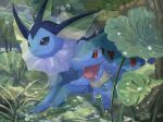  animal_focus black_eyes bright_pupils closed_mouth commentary english_commentary fins forest head_fins highres leaf light_particles nature no_humans open_mouth outdoors plant pokemon pokemon_(creature) red_eyes sharp_teeth teeth tongue tongue_out totodile vaporeon volpecorvo white_pupils 