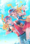  1boy 1girl animal_on_shoulder bag bare_shoulders baseball_cap black_shirt blue_pants blue_shirt brown_hair cloud denim hanenbo hat heart heart_tail highres leaf_(pokemon) long_hair looking_at_viewer miniskirt pants pikachu pleated_skirt pokemon pokemon_frlg red_(pokemon) red_hat red_skirt red_vest shirt short_hair short_sleeves shoulder_bag skirt sleeveless sleeveless_shirt tail vest waving white_hat 