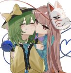 2girls ^_^ black_hat blue_shirt blunt_bangs blush bow bright_pupils closed_eyes closed_mouth commentary_request couple drooling eyelashes facing_another frilled_shirt_collar frilled_sleeves frills green_hair hair_between_eyes hands_up happy hat hat_bow hata_no_kokoro heart heart_of_string highres hug hug_from_behind kiss kissing_cheek koishi_day komeiji_koishi long_hair long_sleeves looking_at_another mask mask_on_head medium_hair mino_(minori) mouth_drool multiple_girls pink_eyes pink_hair plaid plaid_shirt purple_bow shirt simple_background smile sound_effects straight_hair third_eye touhou upper_body very_long_hair wavy_mouth white_background white_pupils wide_sleeves yellow_bow yellow_shirt yuri 