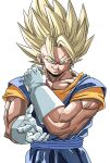  1boy blonde_hair blue_pants blue_sash blue_shirt dragon_ball dragon_ball_z earrings gloves green_eyes highres jewelry looking_at_viewer male_focus medium_hair muscular muscular_male orange_shirt pants potara_earrings reeya sash shirt simple_background smirk solo spiked_hair upper_body vegetto white_background white_gloves 