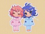  2girls :o arms_behind_back ayase_naru blue_hair blue_pajamas blue_pants blue_shirt chibi closed_eyes commentary_request facing_viewer full_body highres long_sleeves mea_(meari_mr) messy_hair multiple_girls open_mouth outline pajamas pants pink_pajamas pink_pants pink_shirt polka_dot polka_dot_background pretty_rhythm pretty_rhythm_rainbow_live pretty_series rinne_(pretty_rhythm) rubbing_eyes shirt short_hair sleepy standing twitter_username white_outline yellow_background 