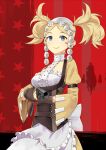  1girl aiming aiming_at_viewer apron blonde_hair blue_eyes commission dress fire_emblem fire_emblem_awakening frilled_apron frills gun igni_tion lissa_(fire_emblem) shotgun smile twintails weapon yellow_dress 