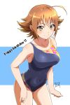  1girl absurdres ahoge bare_shoulders blue_background blush border breasts brown_eyes brown_hair closed_mouth collarbone covered_navel cowboy_shot dot_nose flipped_hair happy_birthday highres idolmaster idolmaster_cinderella_girls idolmaster_cinderella_girls_starlight_stage large_breasts looking_at_viewer nishijima_kai outside_border short_hair signature simple_background smile solo standing two-tone_one-piece_swimsuit uchimura_p white_border 