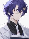  1boy black_shirt blue_hair book closed_mouth collared_shirt dr._ratio_(honkai:_star_rail) formal glasses hair_ornament highres honkai:_star_rail honkai_(series) male_focus necktie rio_(rio773) shirt simple_background solo white_background white_necktie 