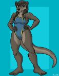 2024 5_fingers 5_toes anthro barefoot black_nose breasts claws clothed clothed_anthro clothed_female clothing feet female finger_claws fingers fur grey_body grey_fur grey_hair hair hi_res humanoid_feet humanoid_hands mammal mustelid nat_(mykegreywolf) one-piece_swimsuit otter plantigrade signature smile solo standing swimwear thelivingshadow toe_claws toes