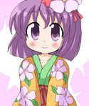  flower geetsu hair_flower hair_ornament hieda_no_akyuu japanese_clothes purple_eyes purple_hair solo touhou 