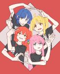  4girls ahoge black_shirt blonde_hair blue_eyes blue_hair bocchi_the_rock! commentary cube_hair_ornament gotoh_hitori green_eyes hair_ornament hashtag-only_commentary heart heart_arms_duo heart_hands highres ijichi_nijika kessoku_band_t-shirt kita_ikuyo long_hair looking_at_viewer multiple_girls ok_sign one_side_up orange_eyes parted_lips pink_background red_background red_hair shirt short_hair short_sleeves side_ponytail smile two-tone_background uud45gaotrcvkfg v yamada_ryo yellow_eyes 