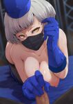  1boy 1girl adjusting_hair all_fours alpha-type black_mask black_thighhighs blue_gloves blue_hat blurry blurry_background breasts censored collarbone commentary_request elbow_gloves elizabeth_(persona) erection gloves grey_hair handjob hat hetero highres indoors large_breasts looking_at_viewer mask mosaic_censoring mouth_mask nipples penis persona persona_3 pov short_hair thighhighs topless yellow_eyes 