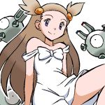  1girl aliasing arm_support black_eyes brown_hair closed_mouth collarbone creatures_(company) dress female flat_chest forehead game_freak gen_1_pokemon gomatarou_(pixiv196136) gym_leader hair_bobbles hair_ornament happy knee_up long_hair looking_at_viewer magnemite mikan_(pokemon) nintendo off_shoulder one-eyed outline pokemon pokemon_(creature) pokemon_(game) pokemon_gsc purple_eyes simple_background sitting sleeveless sleeveless_dress smile solo_focus tied_hair white_background white_dress white_outline 