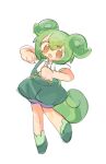  1girl blush brown_eyes clenched_hands full_body green_footwear green_hair green_shorts hands_up high-waist_shorts highres long_hair looking_at_viewer low_ponytail nurui_(3nqyo) open_mouth puffy_short_sleeves puffy_shorts puffy_sleeves shirt short_sleeves shorts simple_background smile solo suspender_shorts suspenders v-shaped_eyebrows very_long_hair voicevox white_background white_shirt zundamon 