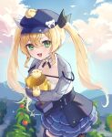  1girl :d blue_hat blue_skirt cloud cowboy_shot day dokibird_(vtuber) fingerless_gloves gloves green_eyes grey_jacket hat highres holding holding_trophy indie_virtual_youtuber jacket long_hair long_sleeves looking_at_viewer monoupa open_mouth outdoors skirt smile solo tomato trophy twintails virtual_youtuber 