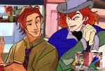  2boys ascot berry black_ascot blue_cape brown_eyes cane cape derivative_work food gloves green_shirt hair_between_eyes hat highres holding holding_cane holding_food honest_john_(disney) humanization long_sleeves male_focus messy_hair multiple_boys necktie nick_wilde open_mouth patchwork_clothes pinocchio_(character) pinocchio_(disney) red_hair screenshot_redraw shirt short_hair striped_necktie top_hat uochandayo zootopia 