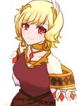  1girl bare_shoulders blonde_hair brown_dress citrinne_(fire_emblem) dress earrings feather_hair_ornament feathers fire_emblem fire_emblem_engage gold_choker gold_trim hair_ornament highres hoop_earrings jewelry mismatched_earrings raia_773_perc red_eyes solo wing_hair_ornament 