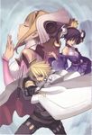  2girls ar_tonelico ar_tonelico_i armor aurica_nestmile bare_shoulders blonde_hair braid cape closed_eyes gloves green_eyes highres long_hair lyner_barsett misha_arsellec_lune multiple_girls nagi_ryou official_art purple_hair sword twin_braids weapon 