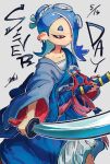  1girl blue_hair blue_hakama blue_haori character_name closed_mouth collarbone commentary dated doggo_1d34 earrings eyelashes grey_background hair_over_one_eye hairband hakama haori highres holding holding_sword holding_weapon japanese_clothes jewelry long_hair looking_ahead multiple_earrings octoling red_eyes samurai sheath shiver_(splatoon) short_eyebrows signature simple_background solo splatoon_(series) splatoon_3 sword tentacle_hair thick_eyebrows tooth_earrings weapon white_hairband 