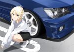  1girl absurdres black_shorts blonde_hair car closed_mouth highres long_sleeves looking_at_viewer love_live! love_live!_nijigasaki_high_school_idol_club medium_hair miyashita_ai motor_vehicle orange_eyes ponytail s_sho_mkrn shoes shorts sidelocks sleeves_past_wrists smile solo squatting sweater toyota toyota_altezza white_footwear white_sweater 