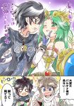  2koma @_@ bayonetta bayonetta_(character) black_hair black_wings blush brown_hair comic dark_pit earrings eromame flirting glasses green_hair jewelry kid_icarus kid_icarus_uprising mole mole_under_mouth nintendo palutena pendant pit_(kid_icarus) shield super_smash_bros. tiara twitter_username wings yuri 